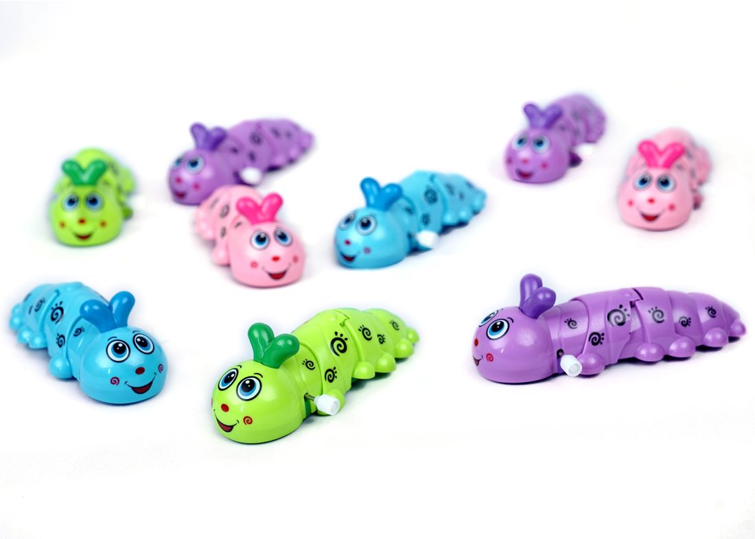ZOOBIE wind-up caterpillars in green, blue, purple and pink